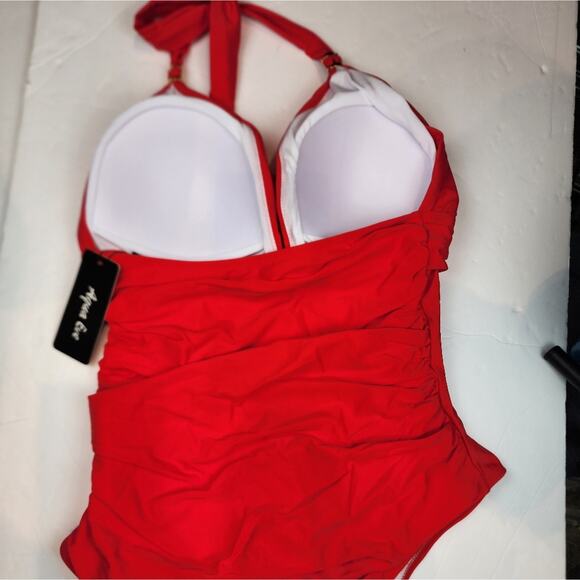 New Red Halter One Piece Swimuit Red Cinched Sids NWT Women's Size M - Picture 9 of 11